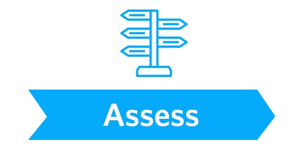 reporting_step3c Illustration of a signpost with blue directional arrows above the word "Assess" on a blue ribbon, symbolizing evaluation or decision-making.