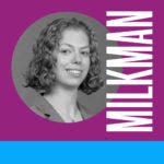 Black and white headshot of a person with curly hair against a purple background. The word "MILKMAN" is displayed vertically in bold white letters.
