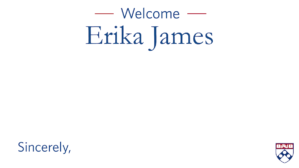 A welcome message for Erika James with a small university logo in the corner.