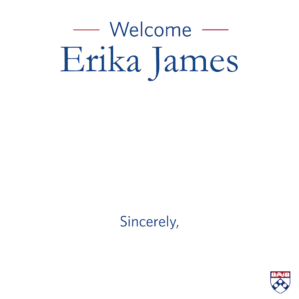 Welcome message for Erika James with a university emblem in the lower right corner.