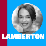 Headshot of a smiling person in a circular frame against a blue background with a red vertical stripe. The text "LAMBERTON" is in bold white letters below the image.