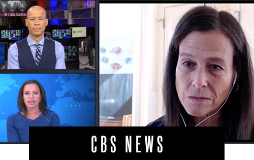 Split-screen video call with two news anchors in a studio and a person speaking via video chat. The CBS News logo is at the bottom.