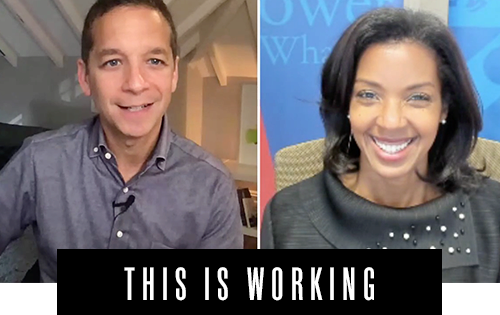 Two people participating in a video call, smiling. The words "This Is Working" are displayed across the bottom.