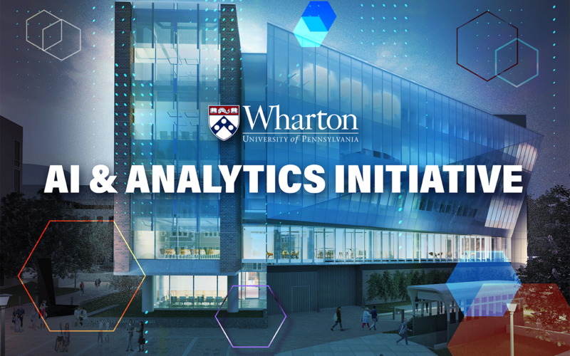 A modern glass building with the text "Wharton, University of Pennsylvania" and “AI & Analytics Initiative” overlaid. Geometric shapes and digital elements accentuate the theme.