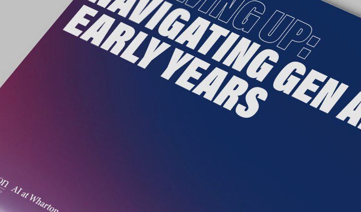 A tilted image of a poster or cover with bold white text on a blue and purple gradient background, partially showing the words "NAVIGATING GEN A EARLY YEARS."