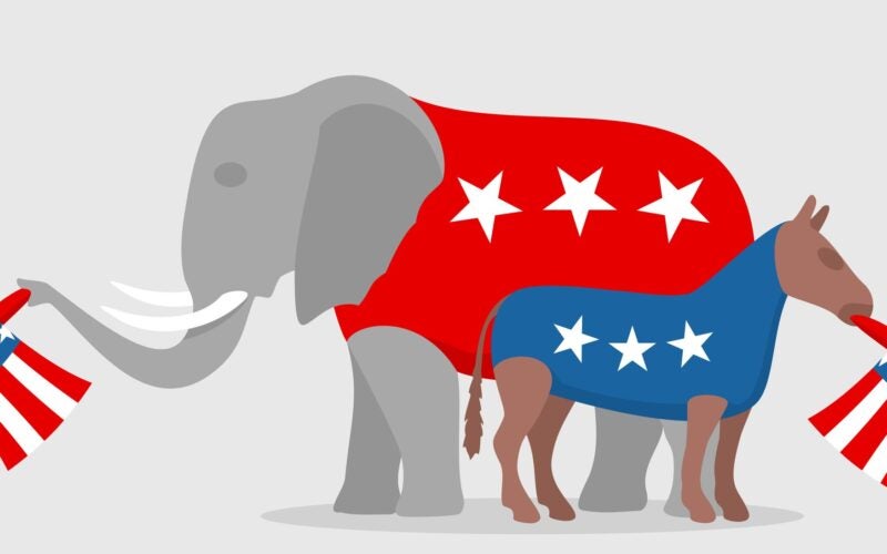 An illustration of an elephant and a donkey wearing red and blue with stars, symbolizing the Republican and Democratic parties in the United States. They hold Uncle Sam hats, and hands offer ballots, representing voting and political participation.