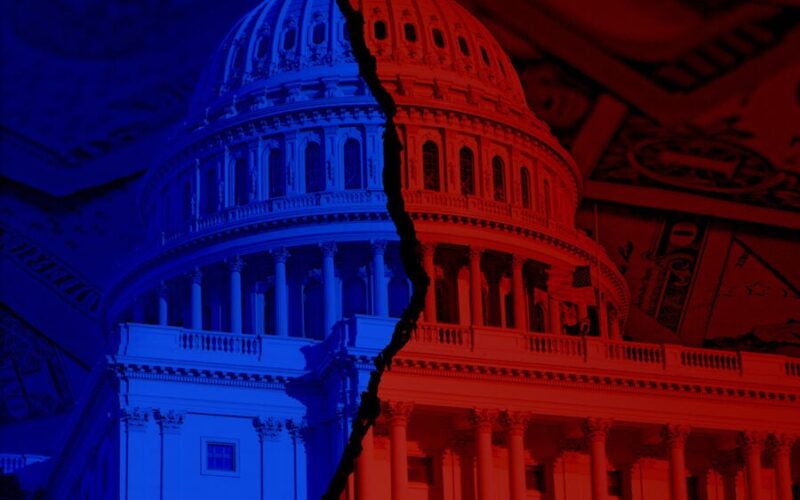The image shows the U.S. Capitol building split into blue and red halves, symbolizing political division. Background features U.S. currency, suggesting economic implications.