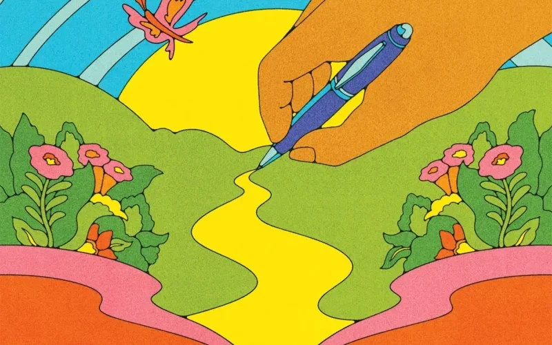 Surreal illustration of a hand with a pen drawing a path between colorful hills with flowers, under a vibrant sky with a butterfly.