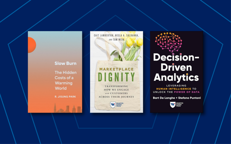The image features three book covers. The first shows "Slow Burn" with an orange and blue gradient background and city skyline. The second, "Marketplace Dignity," depicts a tote bag with yellow tulips. The third, "Decision-Driven