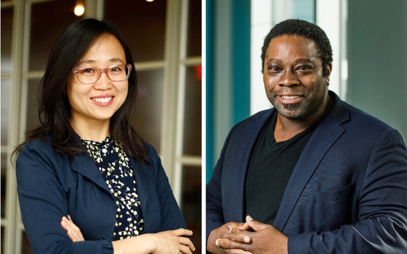 Headshots of two people wearing business attire, one with glasses and long hair, and the other with short hair, smiling at the camera.